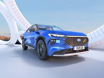 Modern Blue Ford SUV Parked With White Curved Structures And Cityscape Under Blue Sky 3d model
