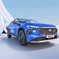 Modern Blue Ford SUV Parked With White Curved Structures And Cityscape Under Blue Sky