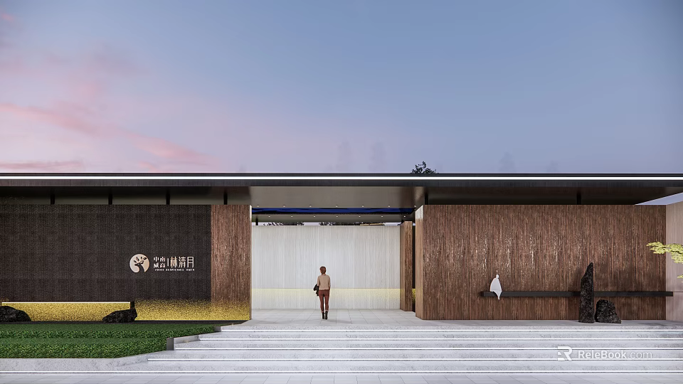 Modern Garden Landscape Entrance Design With Wooden Walls Steps And Lawn 3d model 