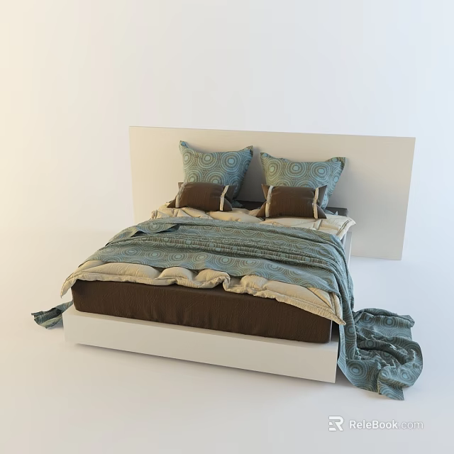 Double Bed Featuring White Headboard Patterned Blue Brown Pillows and Blue Bedspread 3d model