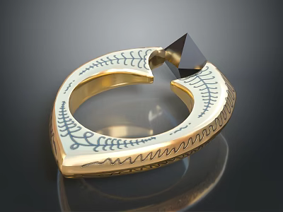 Elegant Gold Ring With Blue Decorative Patterns And Black Triangular Pendant 3d model