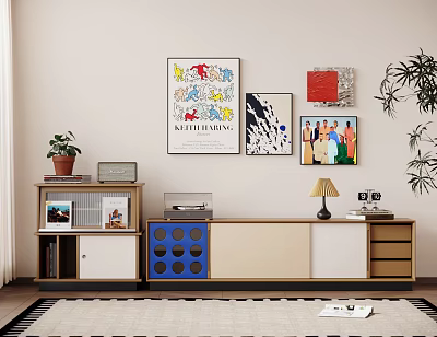 Modern TV Stand with Storage Drawers Cabinet and Wall Art Decorative Items Potted Plant 3d model