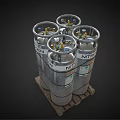Silver Nitrogen Gas Cylinders Stored On Wooden Pallet With Safety Labels And Caps