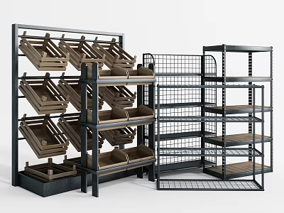 Multi Tier Retail Display Shelves With Wooden Slat Bins And Wire Mesh Racks 3d model