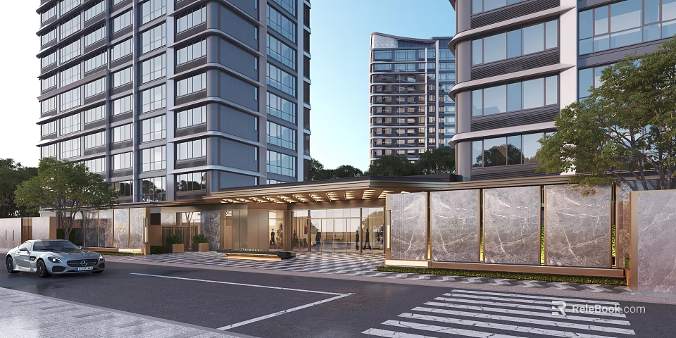 Modern High Rise Building Front Entrance Gate With Glass Canopy Marble Wall And Lighting Design 3d model 