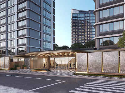 Modern High Rise Building Front Entrance Gate With Glass Canopy Marble Wall And Lighting Design 3d model