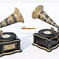 Vintage Gramophones With Horn Shaped Speakers Black Gold Decorations And Ornate Bases