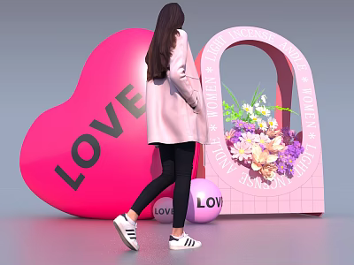 Woman In Pink Coat Near Large LOVE Heart Flower Arch And LOVE Ball 3d model