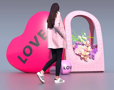 Woman In Pink Coat Near Large LOVE Heart Flower Arch And LOVE Ball 3d model
