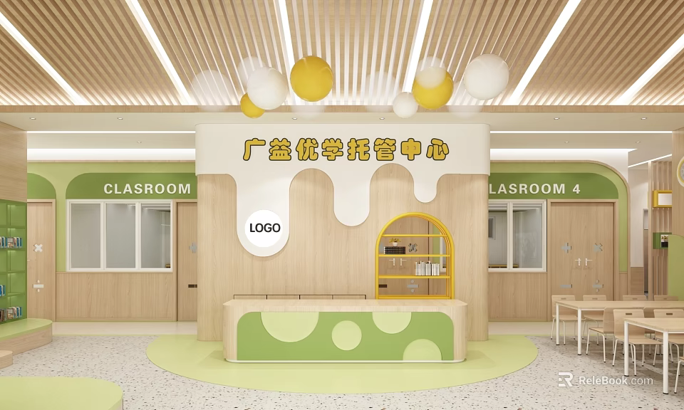 Guangyi Youxue School Daycare Center With Wooden Structure Green Yellow Decor And Classrooms 3d model 