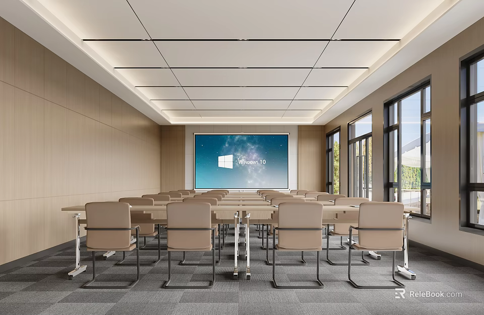 Modern Conference Room With Large Screen Microsoft Teams Display Arranged Tables Chairs And Natural Light 3d model 