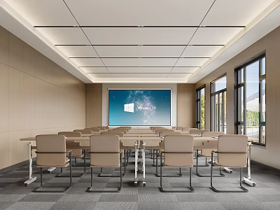 Modern Conference Room With Large Screen Microsoft Teams Display Arranged Tables Chairs And Natural Light 3d model