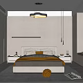 Modern Bedroom Interior With Bedhead Pendant Lights Built in Wardrobe Area Rug And Green Plant