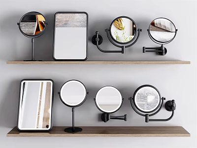 Different Shaped Mirrors Displayed On Two Shelves For Interior Design 3d model