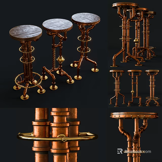 Vintage Copper Bar Stools With Round Seat And Decorative Metal Legs 3d model 