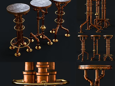 Vintage Copper Bar Stools With Round Seat And Decorative Metal Legs 3d model
