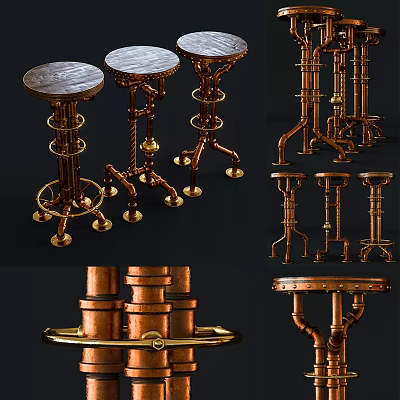 Vintage Copper Bar Stools With Round Seat And Decorative Metal Legs 3d model