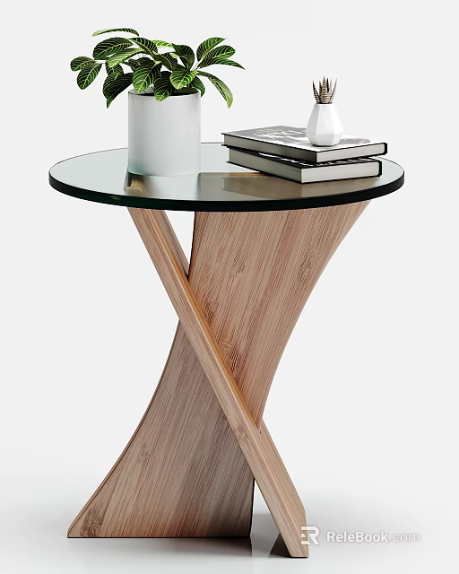 Round Side Table With Glass Top And Wooden Cross Base Featuring Books And Vase 3d model 