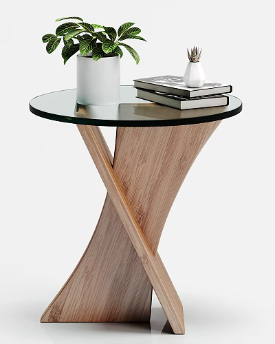 Round Side Table With Glass Top And Wooden Cross Base Featuring Books And Vase 3d model