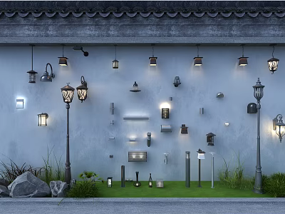 Diverse Lighting Fixtures Collection Featuring Various Wall Mounted and Hanging Lamps with Green Plants 3d model