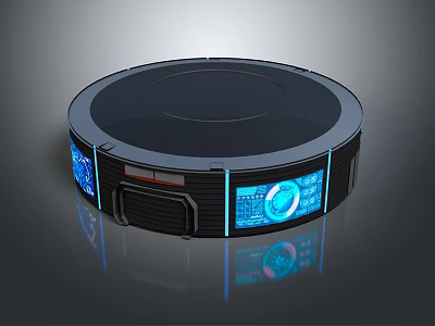 Cartoon Style Robot Vacuum Scene With Round Design And Blue Glowing Control Panels 3d model