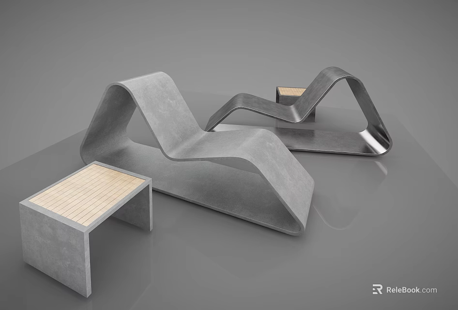 Modern Curved Outdoor Chair With Gray Concrete Frame And Natural Wooden Seat Design 3d model 