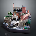 Cartoon Style Detailed Red Brick Building Scene With Chimney Garden And Staircase
