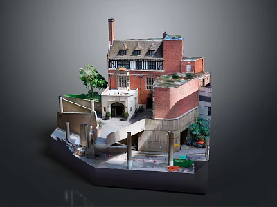 Cartoon Style Detailed Red Brick Building Scene With Chimney Garden And Staircase 3d model