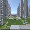 Modern Entrance Gate With Glass Doors Between High Rise Buildings Near Road And Grass Area