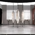 Showroom Interior with Wall Photos Blue Fabric Samples Brick Walls Windows and Table Sculptures