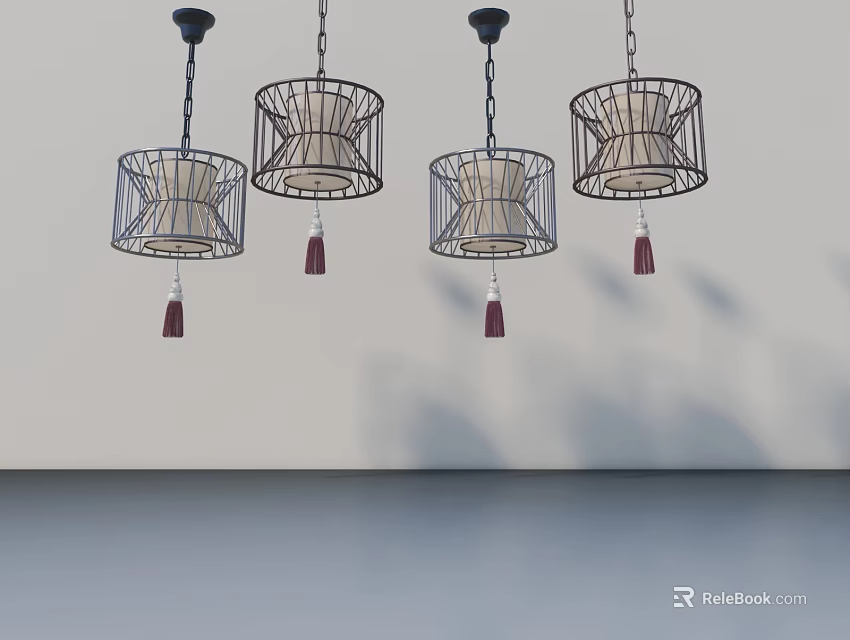 Modern Swing Door Design With Metal Frame Pendant Lights And Red Tassels 3d model 