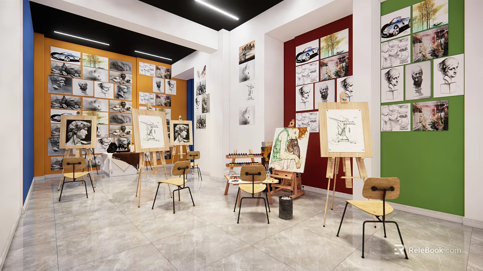 Book Art Creative Studio with Sketches Illustrations on Walls Easels Drawing Boards and Chairs 3d model 
