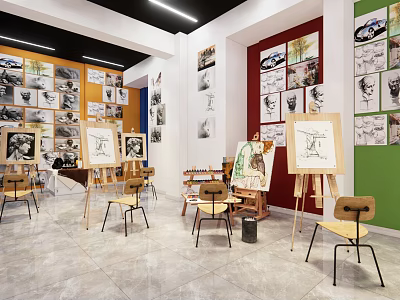 Book Art Creative Studio with Sketches Illustrations on Walls Easels Drawing Boards and Chairs 3d model