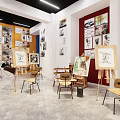 Book Art Creative Studio with Sketches Illustrations on Walls Easels Drawing Boards and Chairs