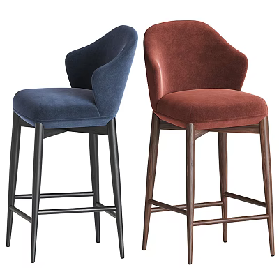 Modern Stylish Bar Stools Blue And Red Velvet Upholstery With Wooden Legs Design 3d model