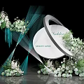 Wedding Decor Setup With White Circular Arch Green White Flowers And Blue Ribbons