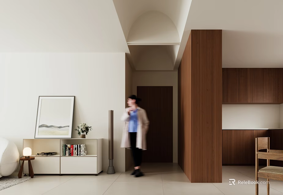 Elegant Modern Living and Dining Room With Wooden Partition Decorative Painting And White Cabinet 3d model 