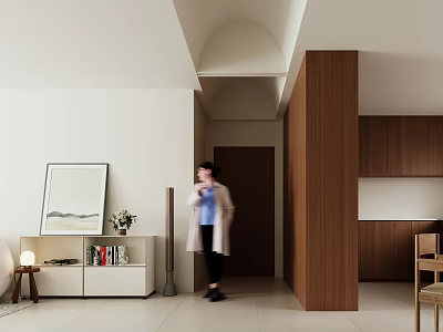 Elegant Modern Living and Dining Room With Wooden Partition Decorative Painting And White Cabinet 3d model