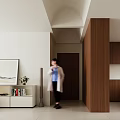 Elegant Modern Living and Dining Room With Wooden Partition Decorative Painting And White Cabinet