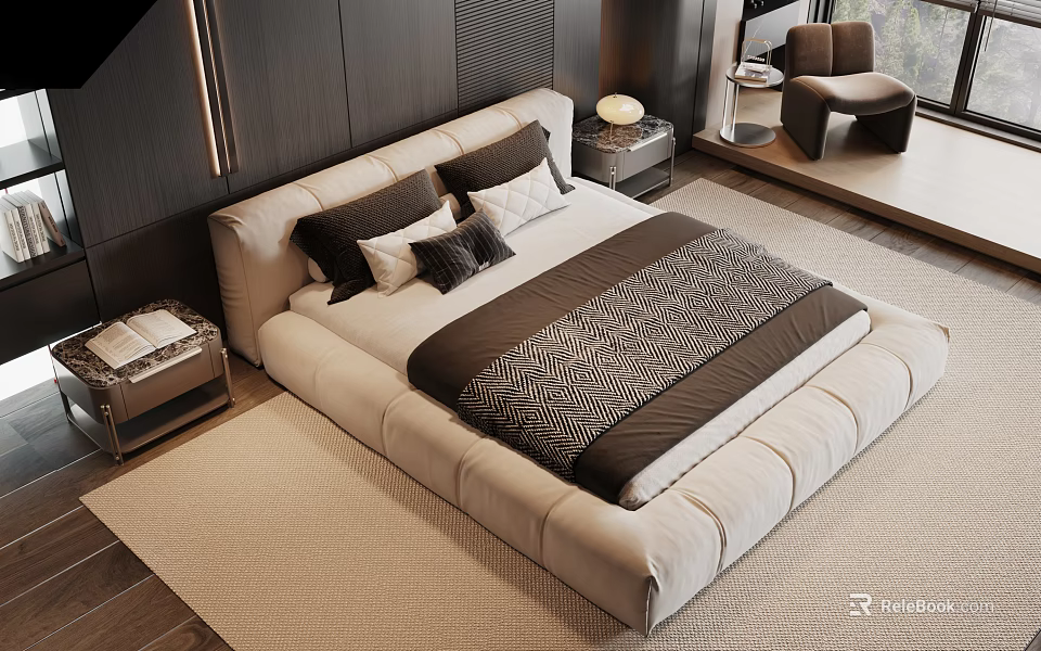Modern Double Bed with Plush Headboard Soft Bedding Pillows and Bedside Lamp on Beige Rug 3d model 