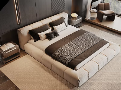 Modern Double Bed with Plush Headboard Soft Bedding Pillows and Bedside Lamp on Beige Rug 3d model