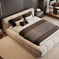 Modern Double Bed with Plush Headboard Soft Bedding Pillows and Bedside Lamp on Beige Rug