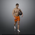 Shirtless Man Walking With Black Basketball Wearing Orange Shorts Against Gray Background