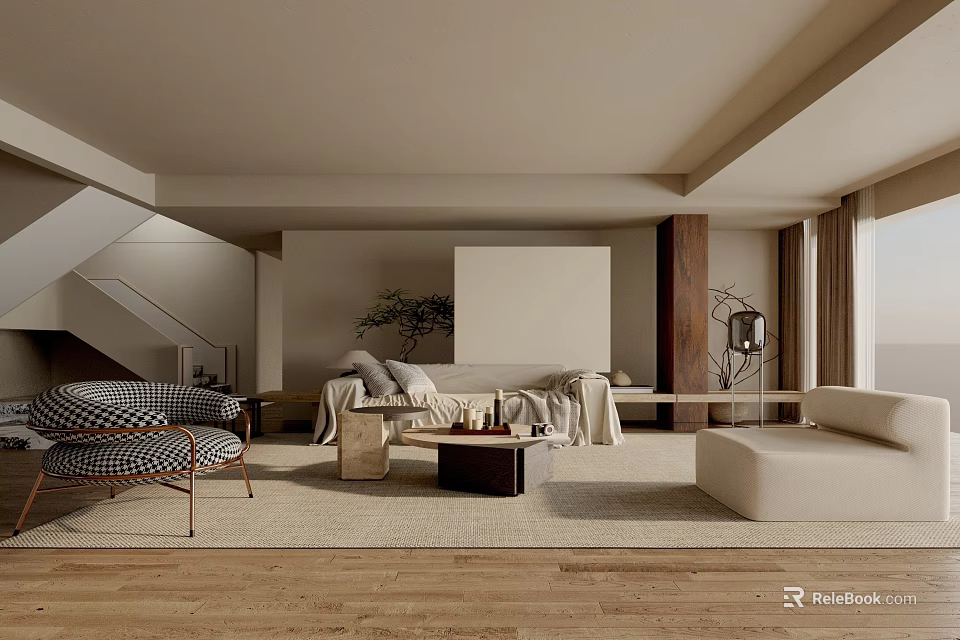 Modern Living Room Interior With Neutral Tones Sofa Checkered Chair Coffee Table And Curtains 3d model 