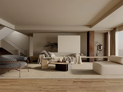 Modern Living Room Interior With Neutral Tones Sofa Checkered Chair Coffee Table And Curtains 3d model