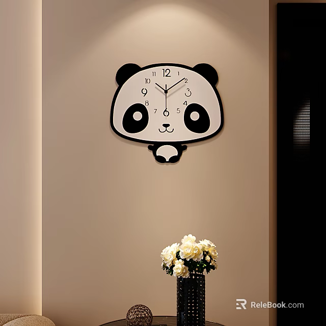 Cute Panda Shaped Wall Clock On Beige Wall 3d model