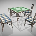 Wicker Table and Chair Set with Green Glass Top Plaid Cushioned Chairs and Side Table