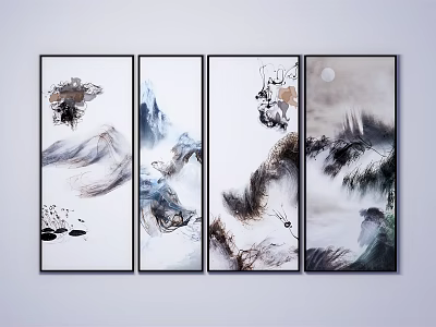 Traditional Chinese Ink Paintings Four Panel Landscape With Moon And Clouds 3d model