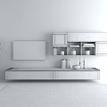 Modern Wooden TV Stand With TV And Wall Mounted Gray Cabinets