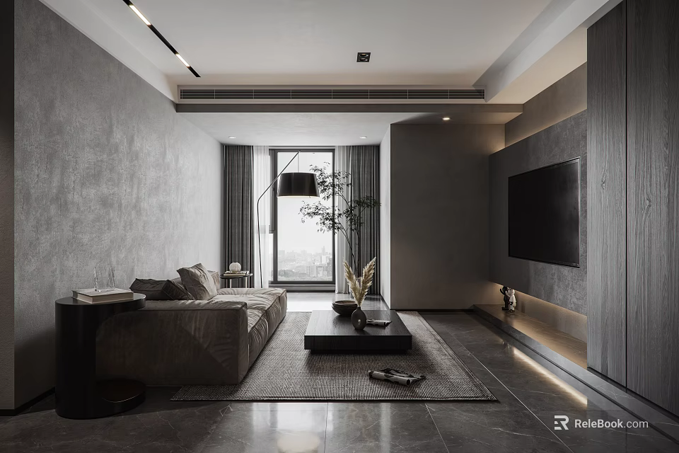 Modern Living Dining Room Interior With Sofa Coffee Table TV And Floor to Ceiling Window 3d model 